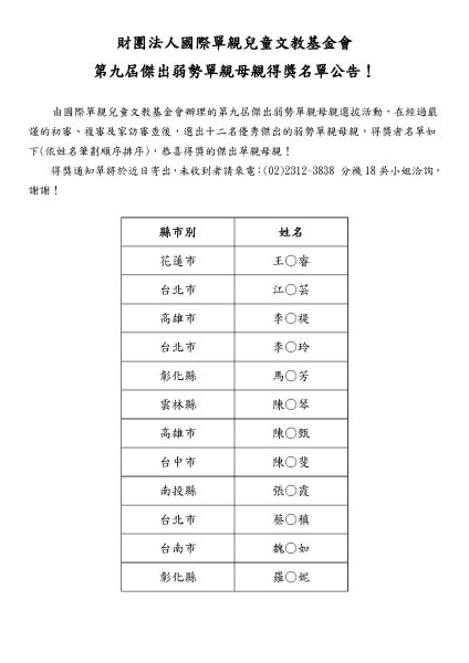 第九屆傑出弱勢單親母親得獎名單公告！